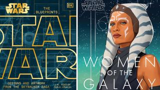 On the left is the book cover for Star Wars The Blueprints: Designs and Artwork from the Skywalker Saga (cover shows blueprints of a spaceship and gold text). On the right is the book cover for Star Wars: Women of the Galaxy (Updated and Extended) with Ahsoka on the front cover.
