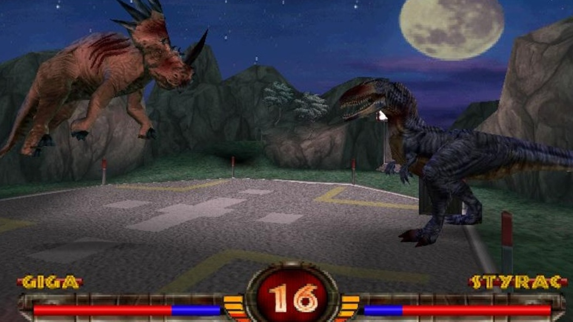 Two dinosaurs fighting during one of the best Jurassic Park games, Warpath