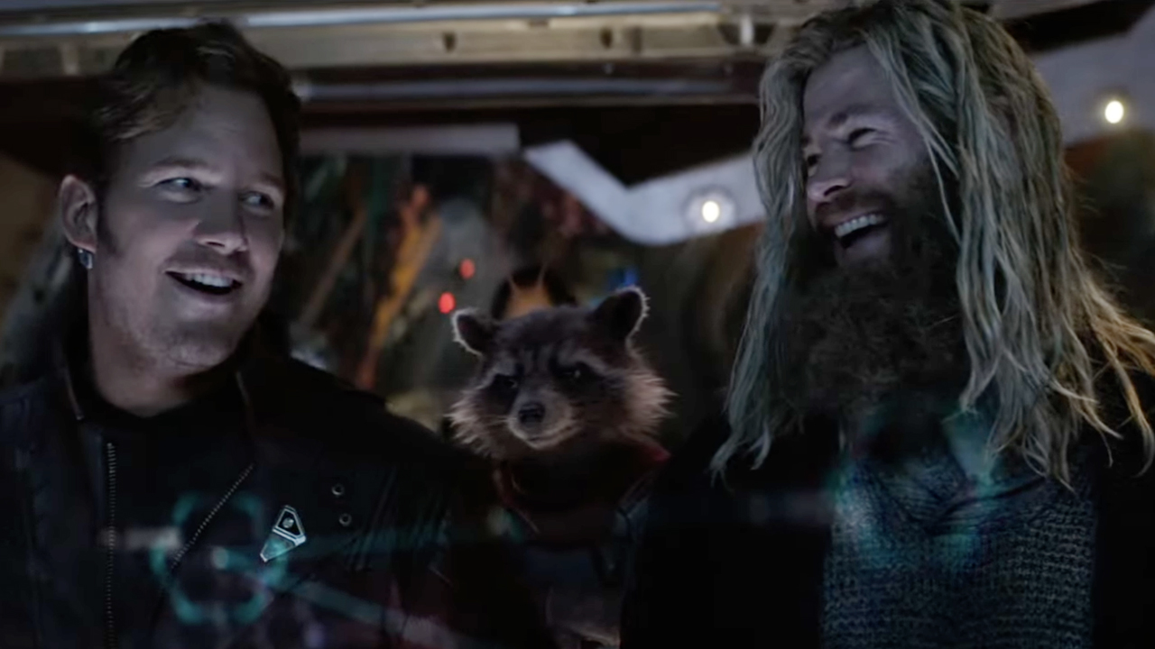 Thor and Starlord share an awkward exchange as Rocket Raccoon watches in Avengers: End Game. 