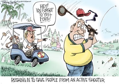 Political cartoon U.S. Trump hero school shootings golf