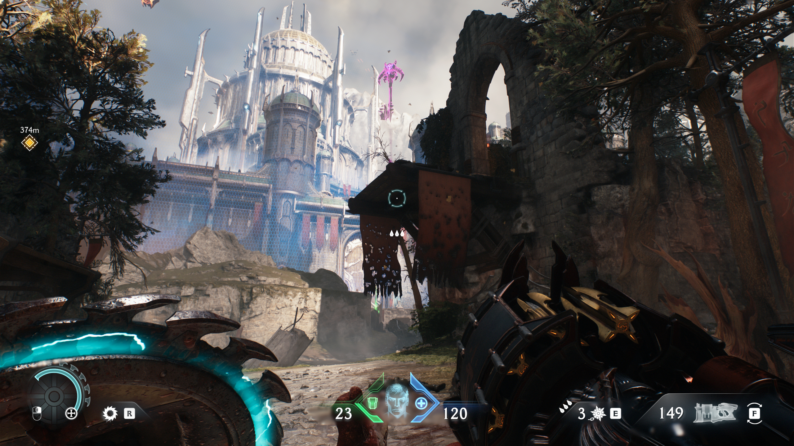 Doom: The Dark Ages purple key location Siege Part 1 - The purple key is on a wooden platform hanging out over a cobbled path.