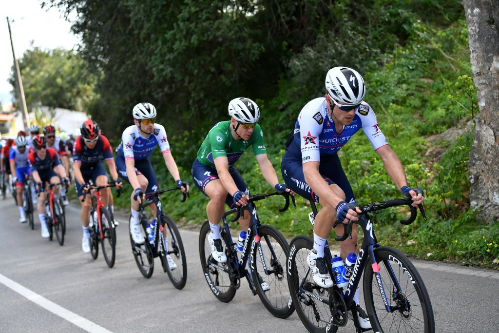 LOULE PORTUGAL FEBRUARY 20 LR Fabio Jakobsen of Netherlands and Team QuickStep Alpha Vinyl green points jersey and Bert Van Lerberghe of Belgium and Team QuickStep Alpha Vinyl compete during the 48th Volta Ao Algarve 2022 Stage 5 a 173km stage from Lagoa to MalhoLoul 514m VAlgarve2022 on February 20 2022 in Loule Portugal Photo by Luc ClaessenGetty Images