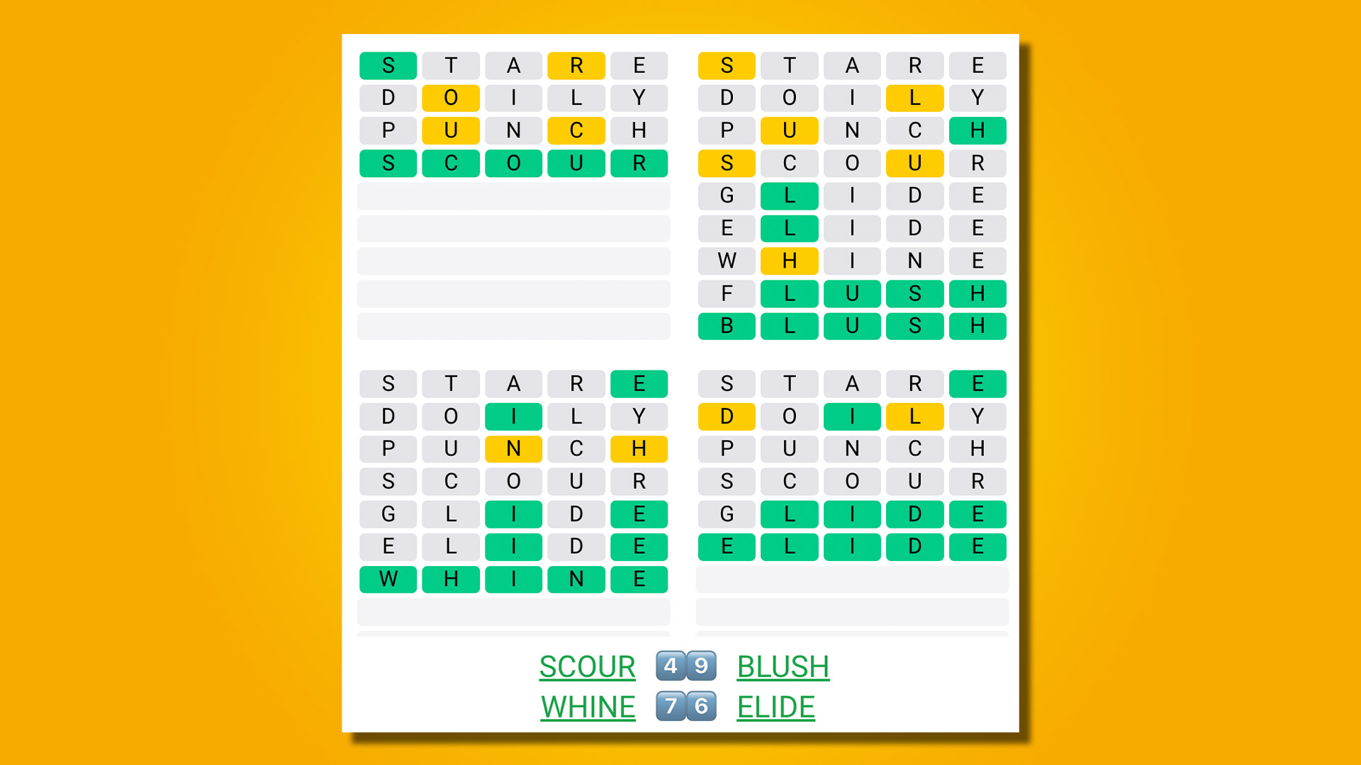 Quordle answers 460 on a yellow background