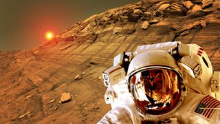 An illustration of an astronaut on the surface of Mars with the sunset in the background