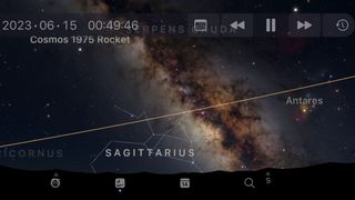 Sky Guide app main page showing banner of icons underneath the night sky with the Sagittarius constellation highlighted.