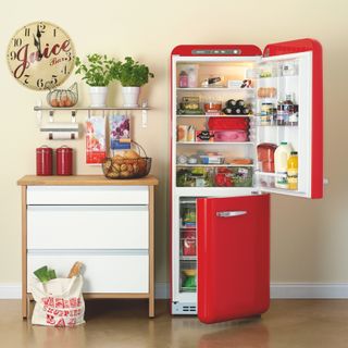 A red Smeg fridge freezer