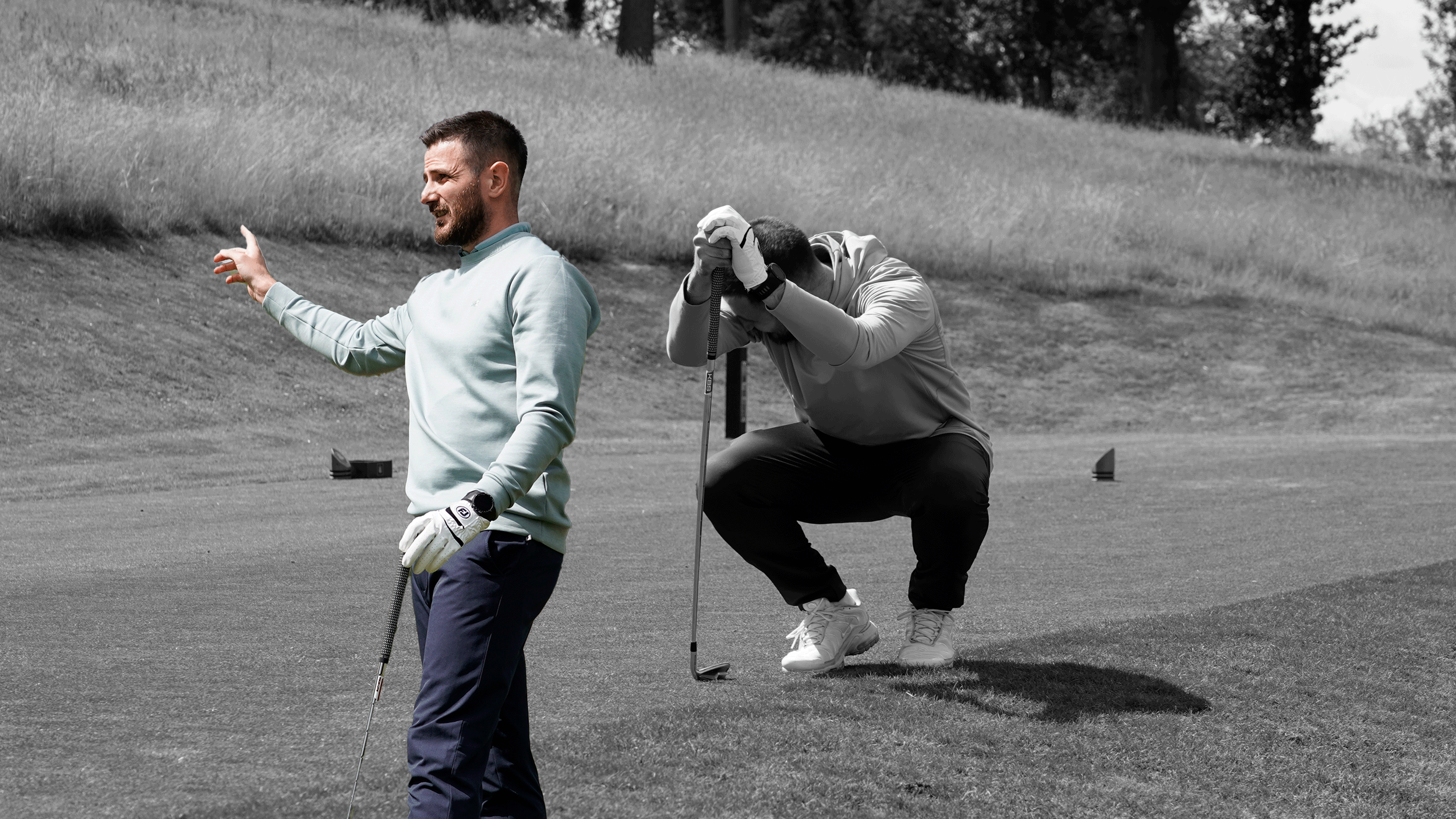 Baz Plummer crouching despairingly with his head in his hands, in a black and white image to illustrate the negative, with an inset image of Baz pointing right as if to signal a bad out of bounds shot