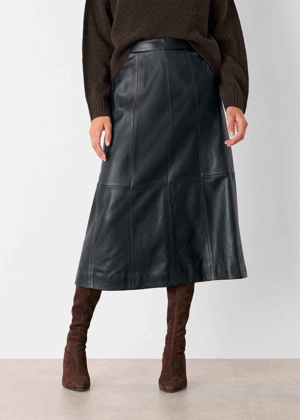 Black Burnished Leather Midi Skirt