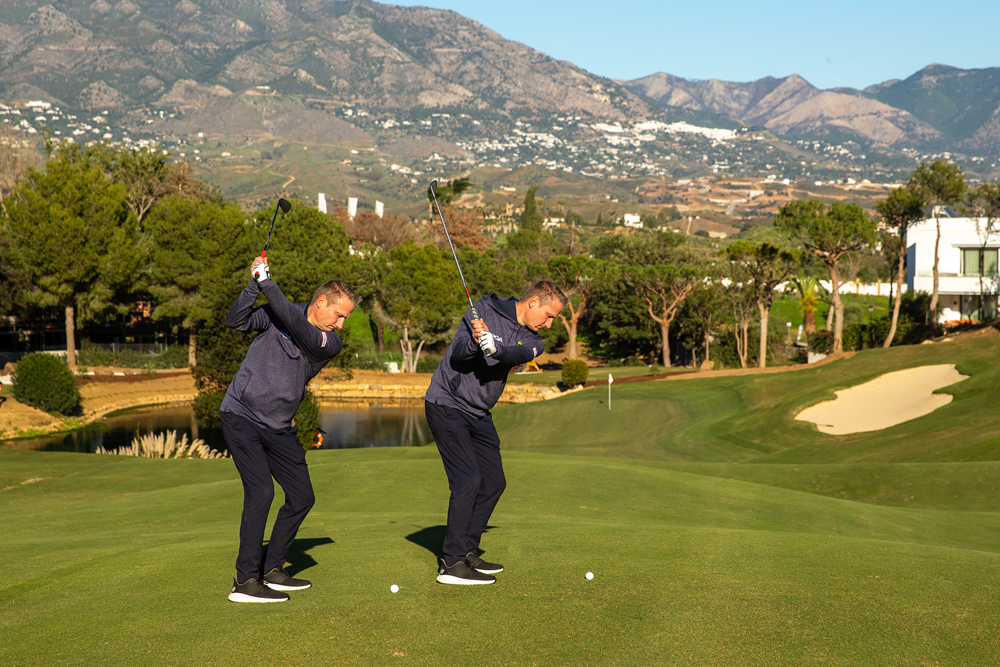 Anders Mankert hitting the same shot from the scoring zone with an 8-iron (less spin) and a wedge (more spin)