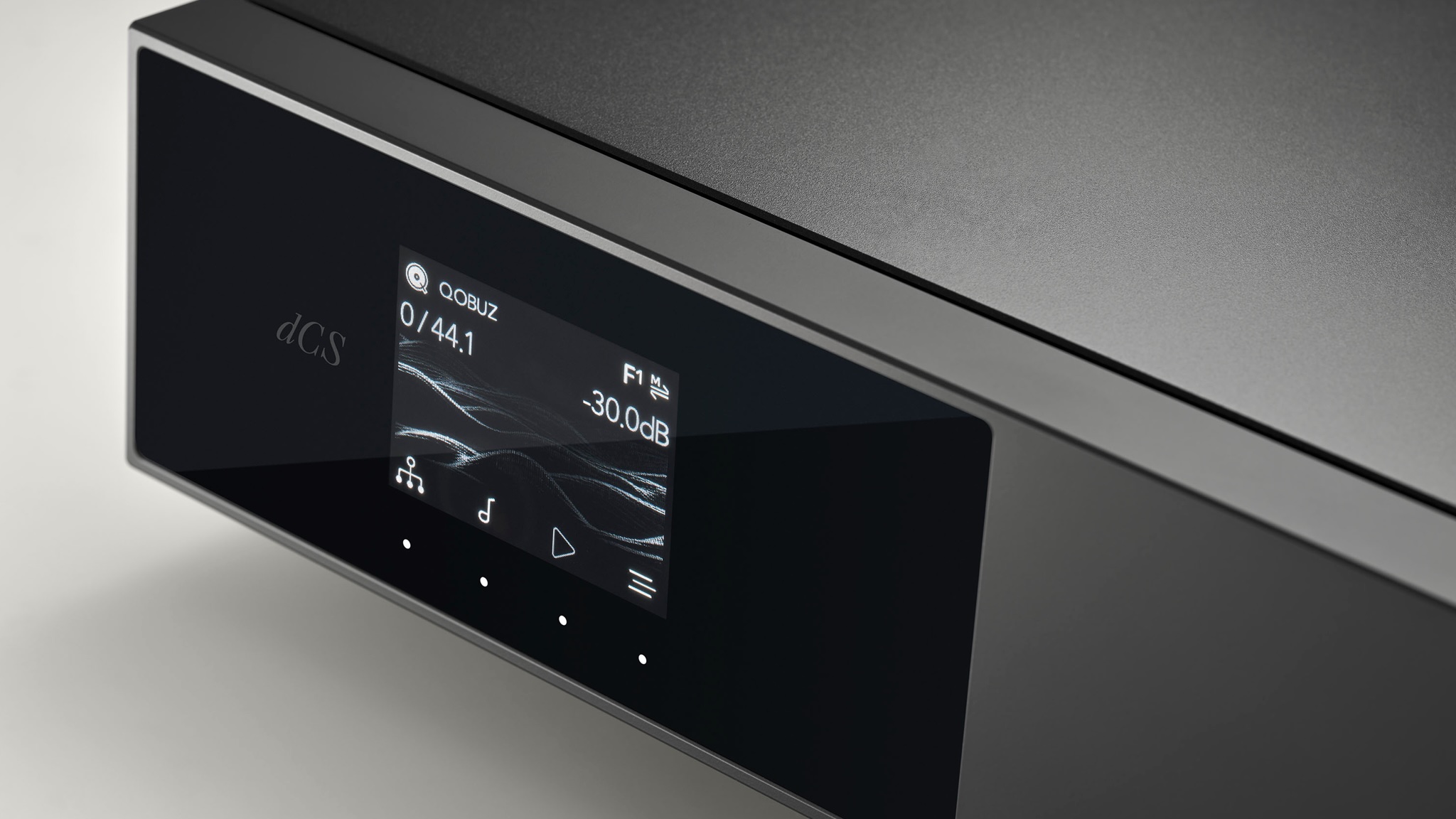 Product photography of the dCS Lina DAC X showing a close-up of the digital display. The DAC is playing music from Qobuz.