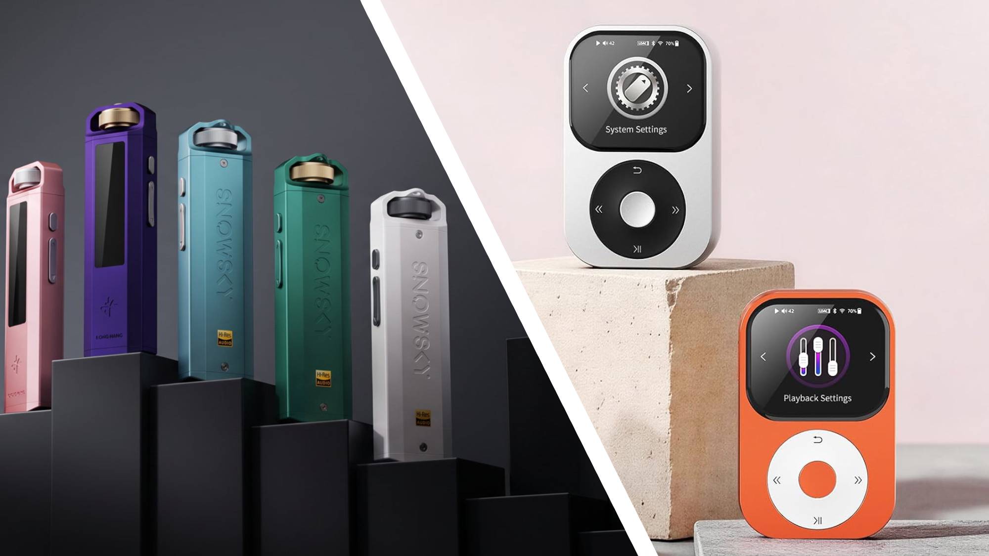 A row of Fiio Echo Nano on the left of the image, and two and Shanling Q2 on the rihgt.