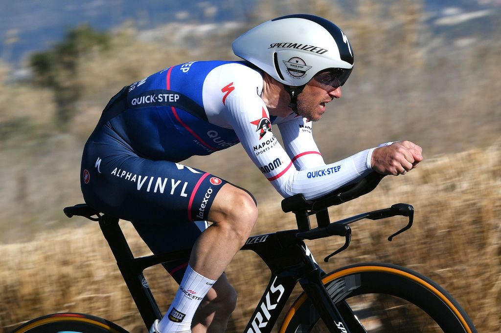 BERRELTANG FRANCE FEBRUARY 10 Dries Devenyns of Belgium and Team QuickStep Alpha Vinyl sprints during the 6th Tour De La Provence 2022 Prologue a 71km Individual Time Trial stage from Berreltang to Berreltang TDLP22 ITT on February 10 2022 in Berreltang France Photo by Luc ClaessenGetty Images