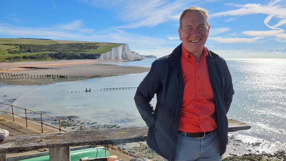 Michael Portillo at Coastguard Cottages Cuckmere Haven for Great Coastal Railway Journeys season 3