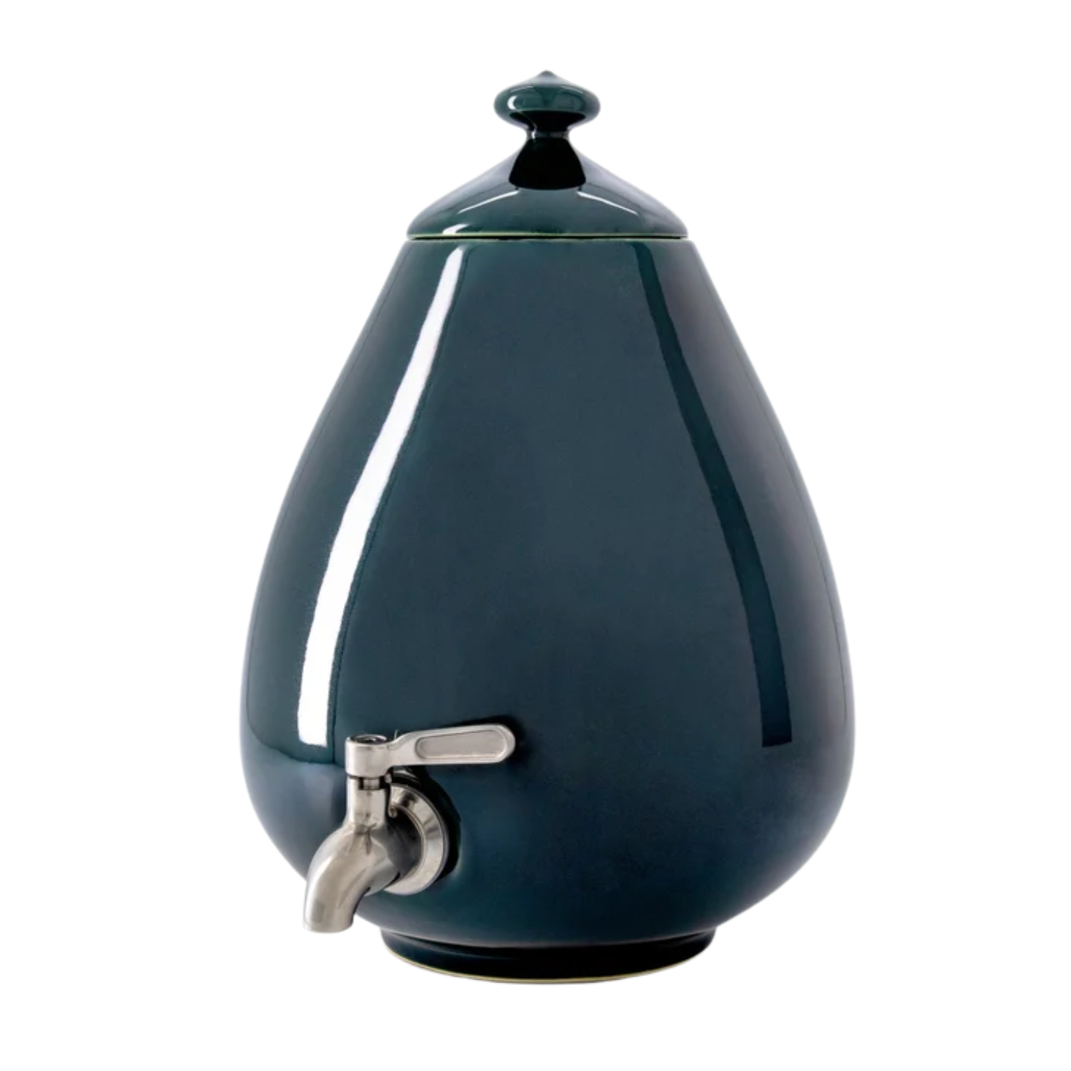 A deep green blue glazed ceramic water dispenser