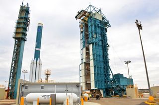 On April 11, 2017, the United Launch Alliance Delta II second stage that will lift JPSS-1 into orbit Nov. 10 was hoisted into the gantry at Space Launch Complex 2 at Vandenberg Air Force Base in California.