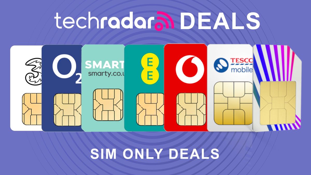 SIM cards from EE,Three,O2, SMARTY,Vodafone, and Tesco Mobile on Purple background with Best SIM-only deals text