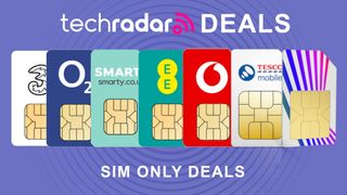 SIM cards from EE,Three,O2, SMARTY,Vodafone, and Tesco Mobile on Purple background with Best SIM-only deals text