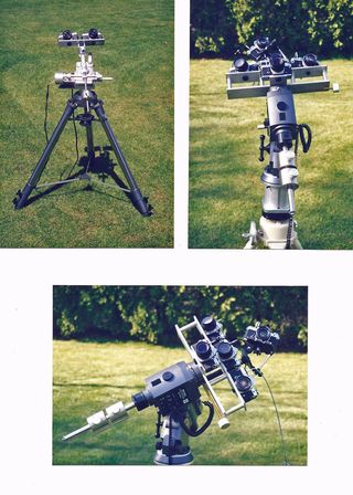 Home-built rack-and-pinion mount for two cameras or a small telescope, and two images of a store-bought mount that I modified for meteor patrol — this mount can carry up to five cameras at once.