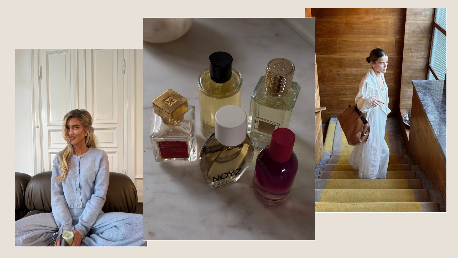 A collage with photos of nutty perfumes and influencer imagery