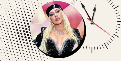 Christina aguilera alongside a graphic of a clock