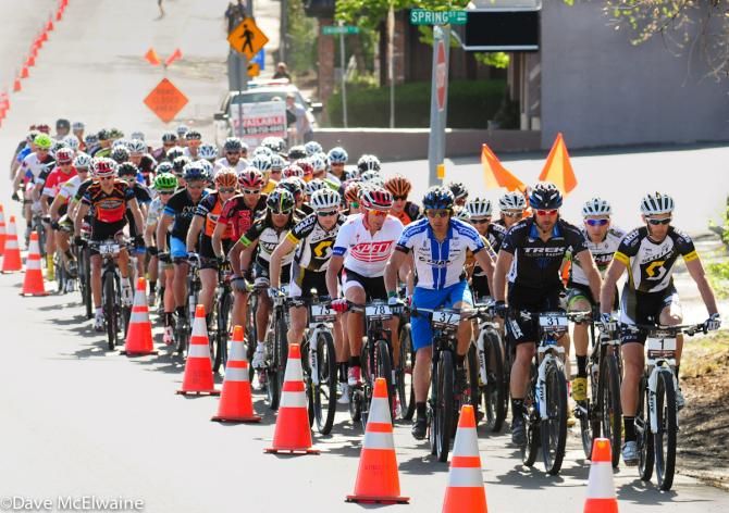 The top mountain bikers in North America head out on top a six-mile road climb before hitting the dirt at the Whiskey 50. Geoff Kabush, Jeremiah Bishop, Jeremy Horgan-Kobelski, Adam Craig, and Todd Wells lead the peloton.