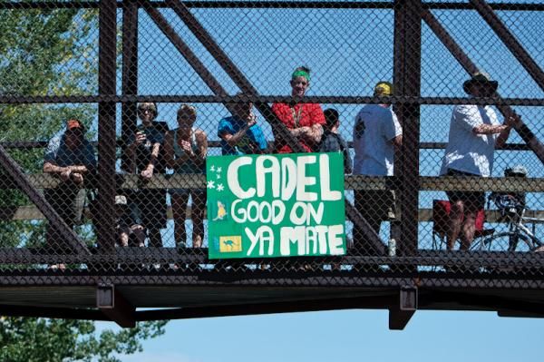 Cadel Evans (BMC) fans out on the course.