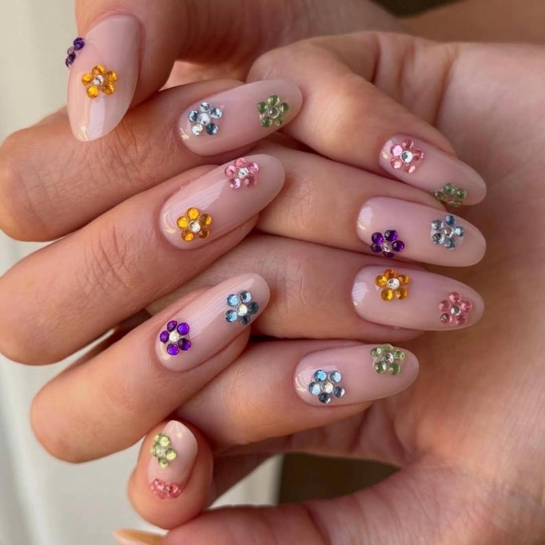 Rainbow Gemstone Flower Press on Nails | Y2k Crystal Sparkle Gel Nails