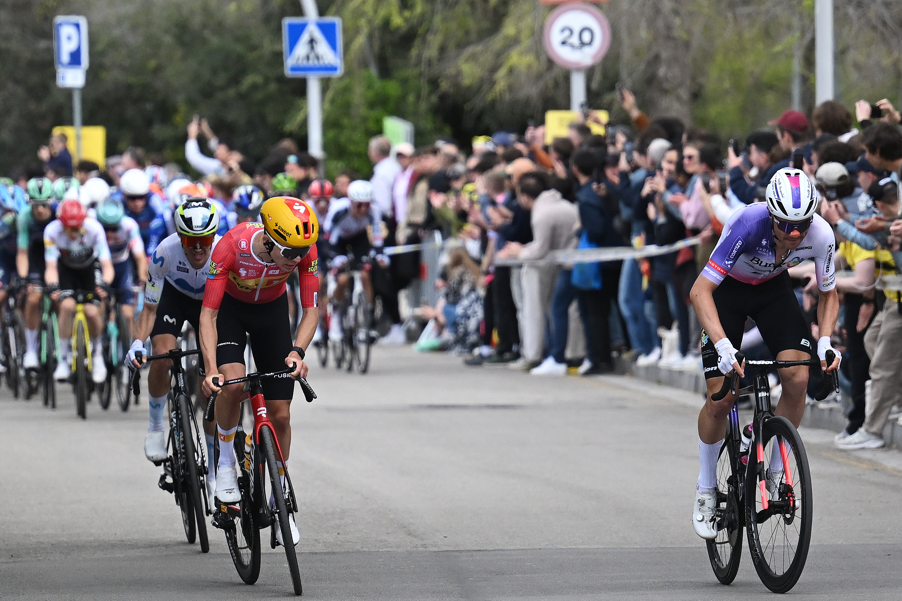 BARCELONA, SPAIN - MARCH 29: (L-R) Tobias Svarre of Denmark and Team Uno-X Mobility and Mario Aparicio of Spain and Team Burgos Burpellet BH competes during the 105th Volta a Catalunya 2026, Stage 7 a 95.1km stage from Barcelona to Barcelona / #UCIWT / on March 29, 2026 in Barcelona, Spain. (Photo by Szymon Gruchalski/Getty Images)