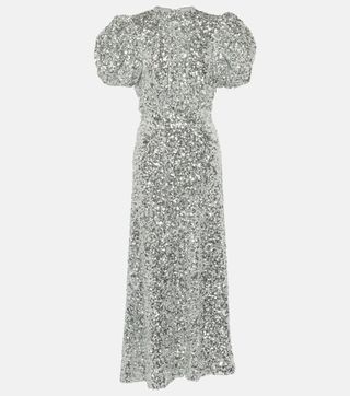 Puff-Sleeve Sequined Midi Dress