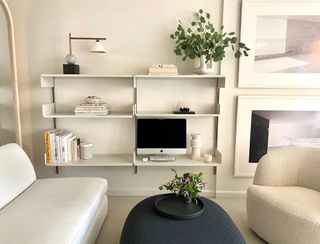 wall storage in a neutral living room