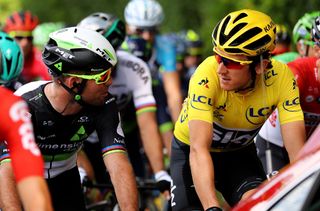 Mark Cavendish (left) and Geraint Thomas shown in a flashback to a stage on the 2017 Tour de France