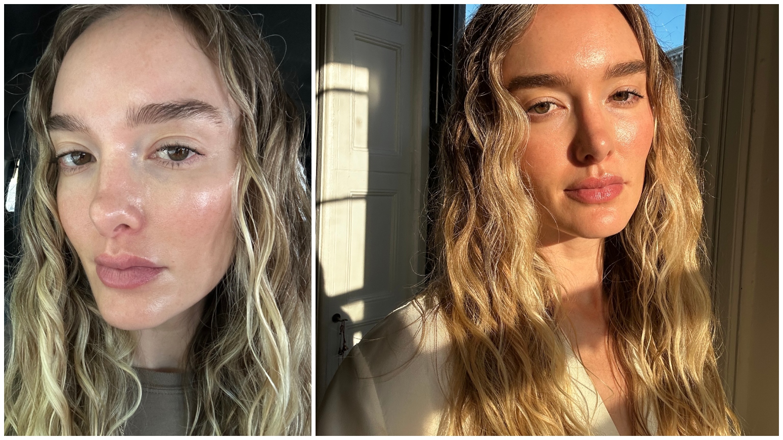 hannah baxter hydrating toners close up skin glowing in the sun blonde wavy hair