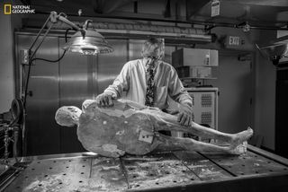 Vic Spitzer, director of the Center for Human Simulation at the University of Colorado Anschutz Medical Campus, examines Potter's frozen cadaver.