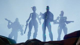 Four Fortnite characters standing over a crater.