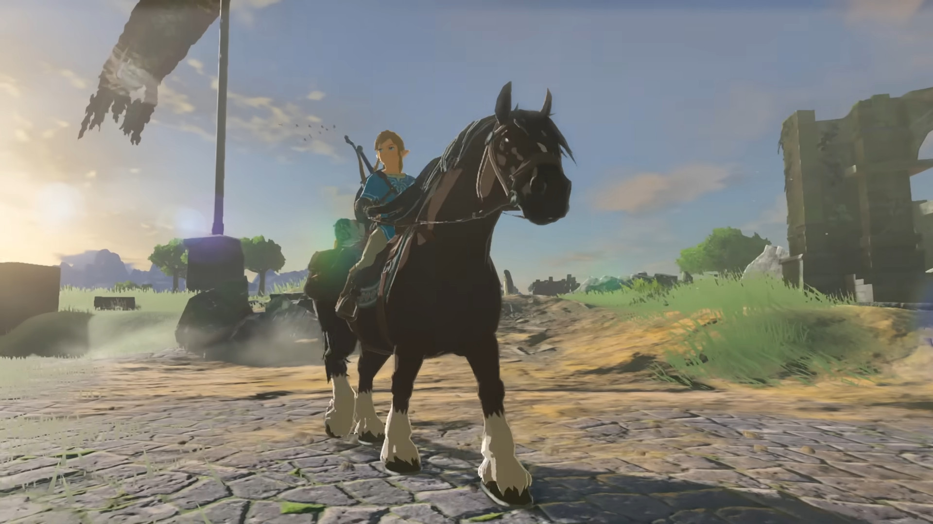 Link riding a horse with the sun setting behind him during the relaxing RPG The Legend of Zelda: Breath of the Wild