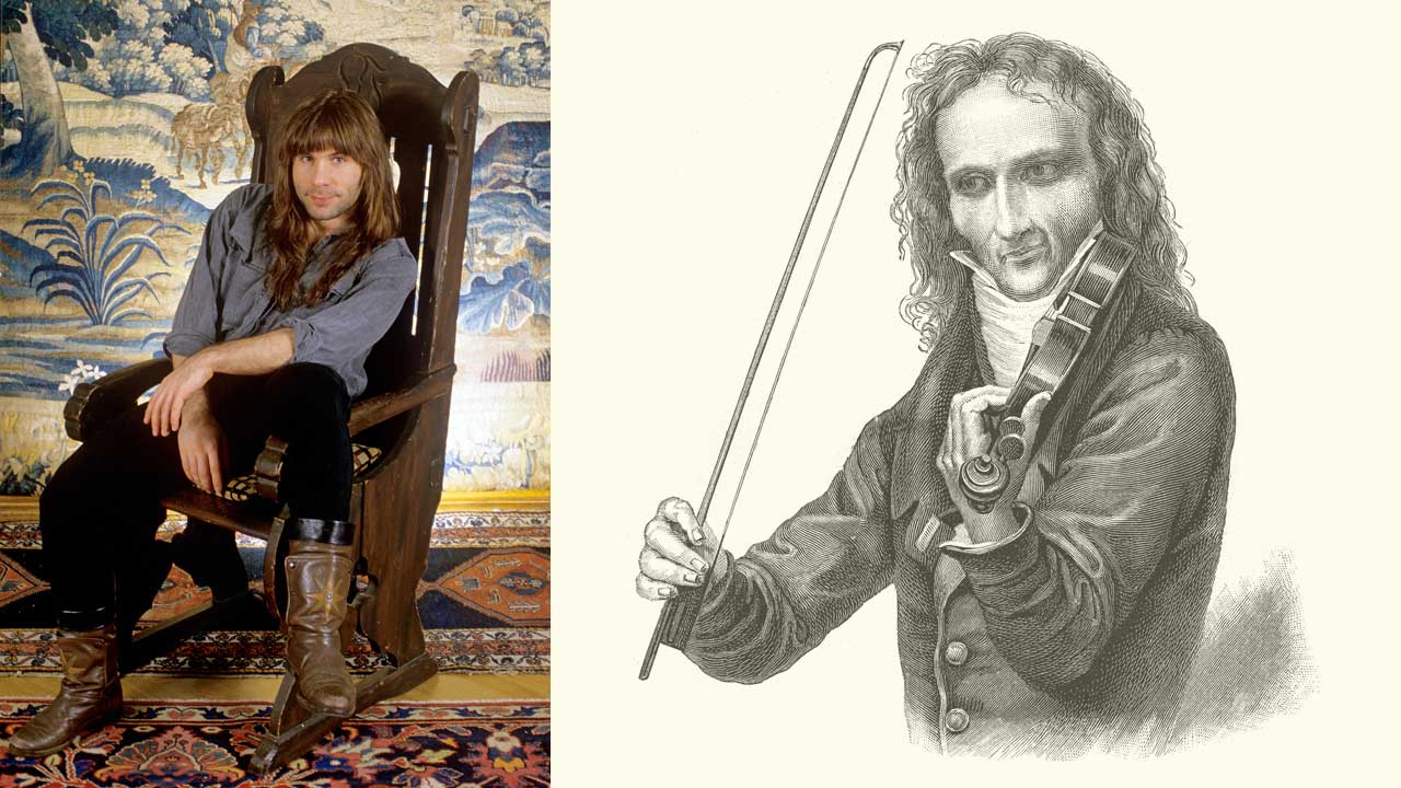 Bruce Dickinson seated on a wooden chair and an illustration of Paganini