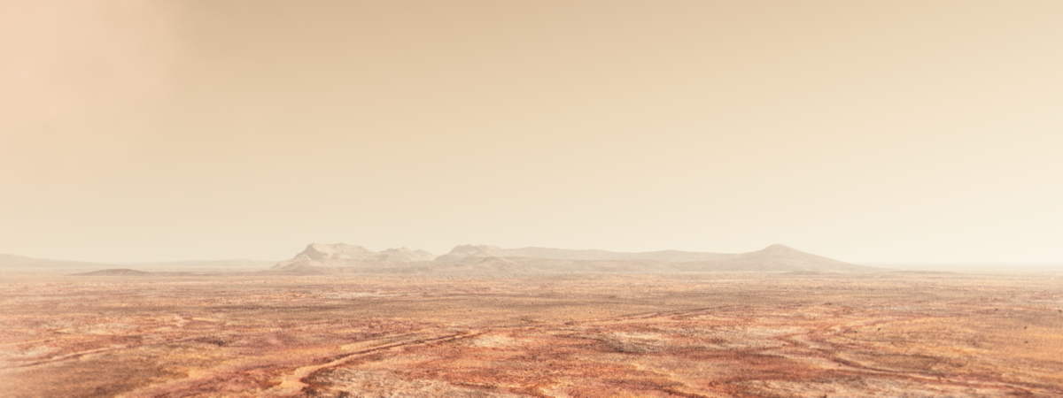 An artist's concept of present-day Mars, showing the planet as a barren, cold, desert world.