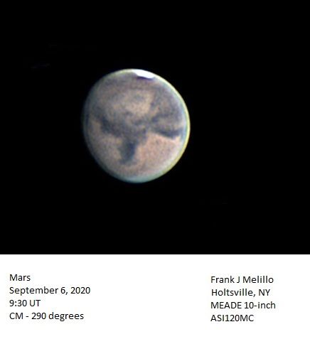 A view of Mars on Sept. 6, 2020, as seen from New York, showing Syrtis Major, Sabaeus Sinus and Hellas.