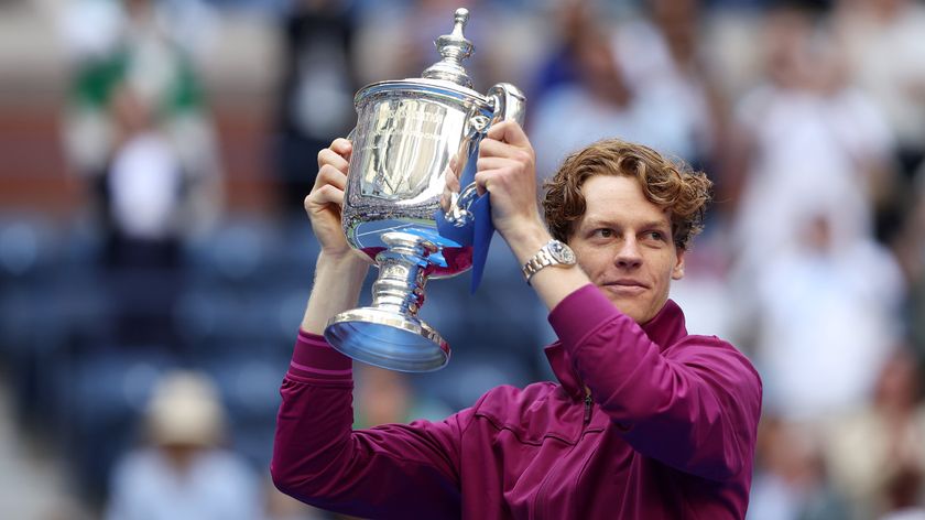 Jannik Sinner of Italy celebrates with the winners trophy after defeating Taylor Fritz of the United States to win the Men&#039;s Singles Final on Day Fourteen of the 2024 US Open at USTA Billie Jean King National Tennis Center on September 08, 2024 in the Flushing neighborhood of the Queens borough of New York City. 