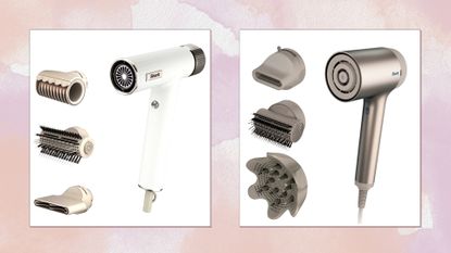 Images of Shark&#039;s SpeedStyle hair dryer and IQ hair dryer, on a pink watercolour background