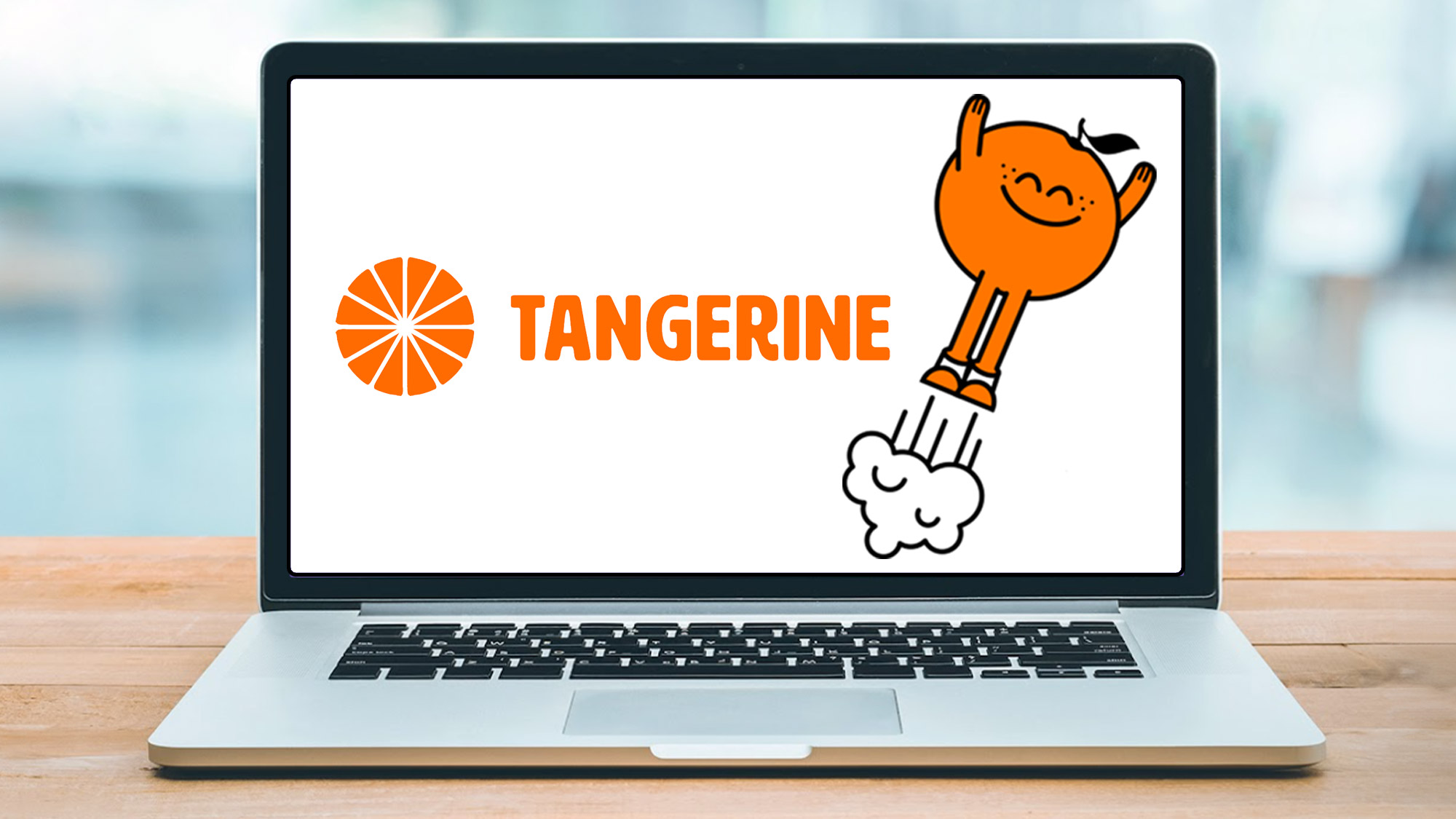 Tangerine logo and Peely mascot on an open laptop screen