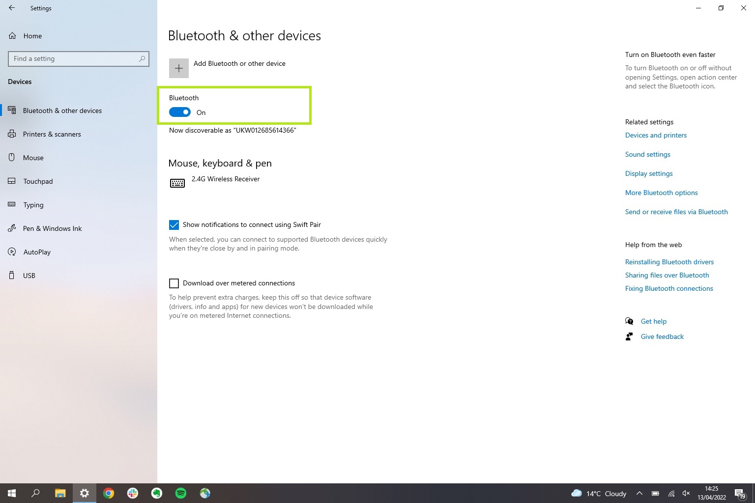 AirPod'ların bir PC'ye nasıl bağlanacağını gösteren Windows 10 Bluetooth menüsünü gösteren bir ekran görüntüsü