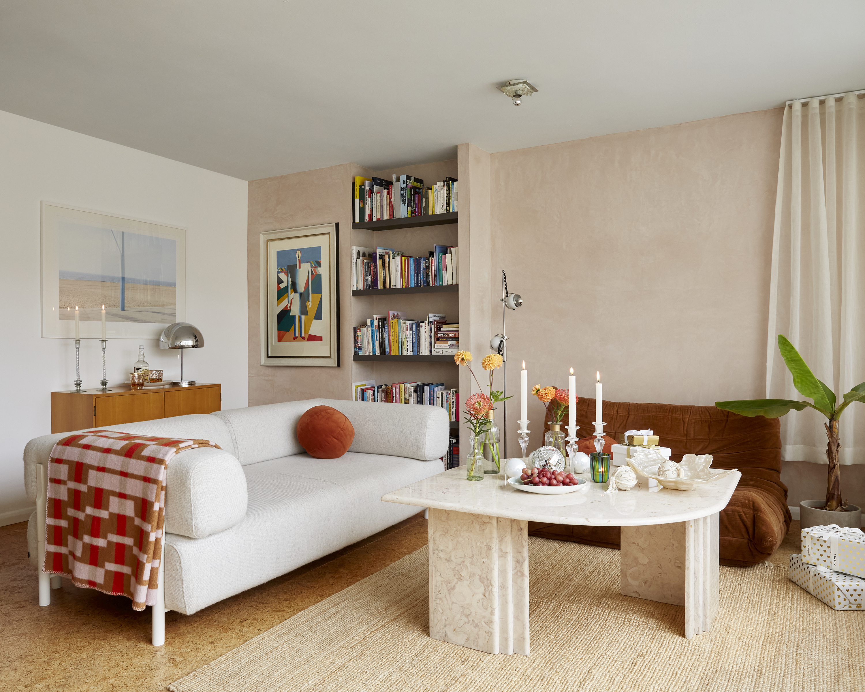 neutral living room with oval coffee table