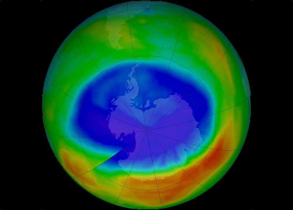 The ozone hole over Antarctica shrunk to its smallest maximum-extent in September 2017. Here, in this false-color view of the monthly-averaged total ozone the blue and purple indicate areas with the least ozone, while yellows and reds mean the most ozone.