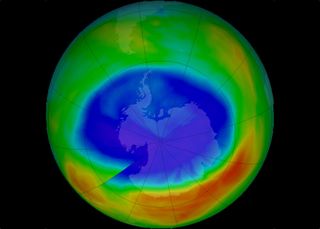 The ozone hole over Antarctica shrunk to its smallest maximum-extent in September 2017. Here, in this false-color view of the monthly-averaged total ozone the blue and purple indicate areas with the least ozone, while yellows and reds mean the most ozone.