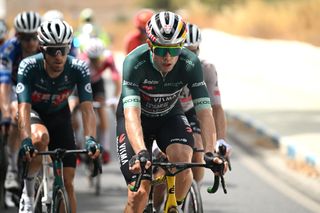 GRANADA SPAIN AUGUST 25 Wout van Aert of Belgium and Team Visma Lease a Bike Green Points Jersey competes in the breakaway during the La Vuelta 79th Tour of Spain 2024 Stage 9 a 1785km stage from Motril to Granada UCIWT on August 25 2024 in Granada Spain Photo by Dario BelingheriGetty Images