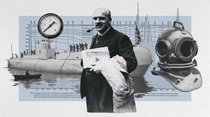Photo collage of John Burdon Sanderson Haldane standing with a stack of files in his hand, with a 1930s British submarine behind him, as well as a pressure gauge and an old dive helmet. In the background, there is a vintage diagram of sea depths.