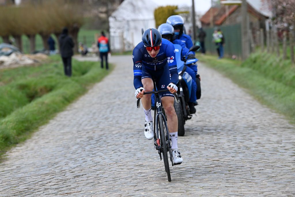 WAREGEM BELGIUM MARCH 29 Lewis Askey of the United Kingdom and the Groupama FDJ team is out of the breakaway during the 77th Dwars Door Vlaanderen 2023 Mens Elite a 1837km one day race from Roeselare to Waregem DDV23 on March 29 2023 in Waregem Belgium Photo by Tim de WaeleGetty Images