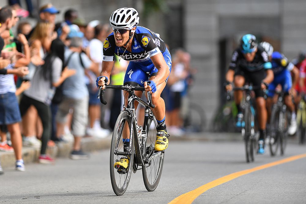 Matteo Trentin hits out near the end of the Grand Prix Cycliste de Quebec
