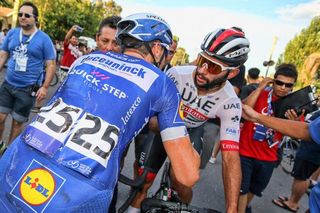 Fernando Gaviria gets congratulations after winning stage 1 in San Juan